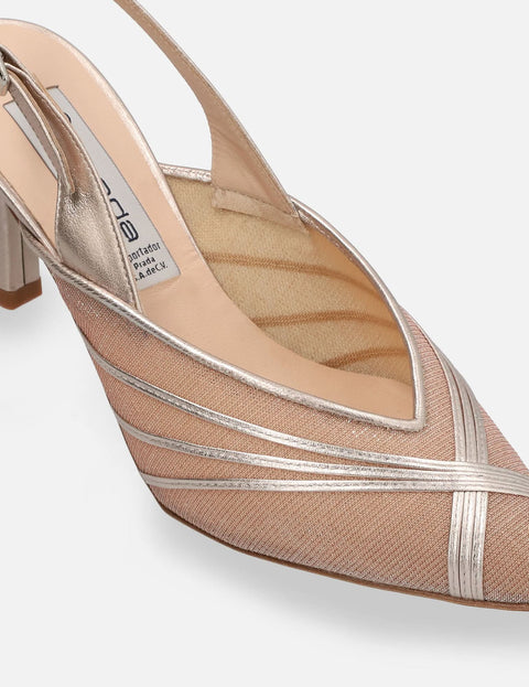 Zapatilla de fiesta piel metalizada y rejilla