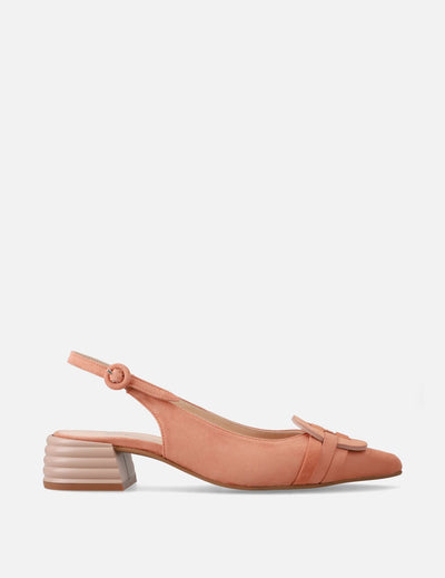 Zapatilla destalonada con maxi hebilla en piel color coral