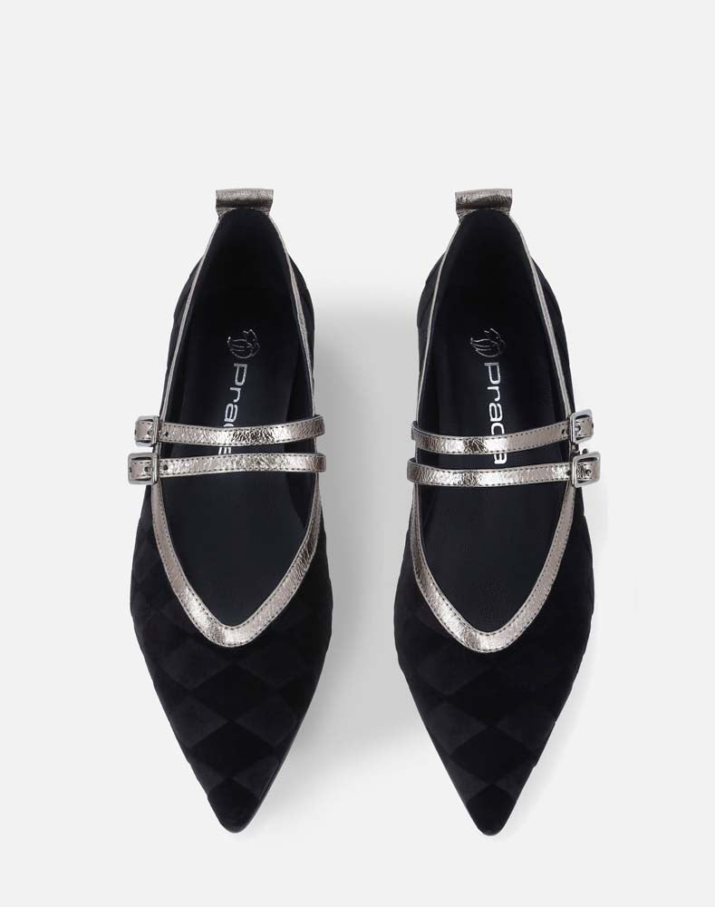 Zapato flat en terciopelo de apariencia rombos color negro  con doble  correa para mujer
