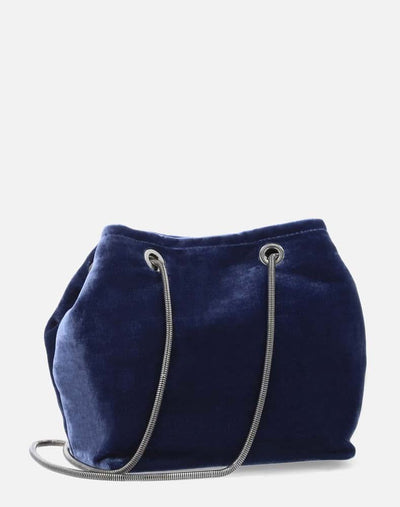 Bolso tipo bucket en textil tipo terciopelo en color azul  con cadena para mujer