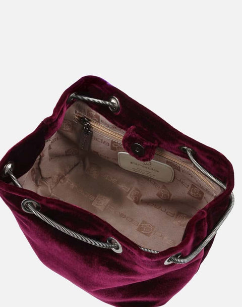 Bolso tipo bucket en textil tipo terciopelo en color vino con cadena para mujer