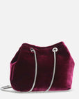 Bolso tipo bucket en textil tipo terciopelo en color vino con cadena para mujer