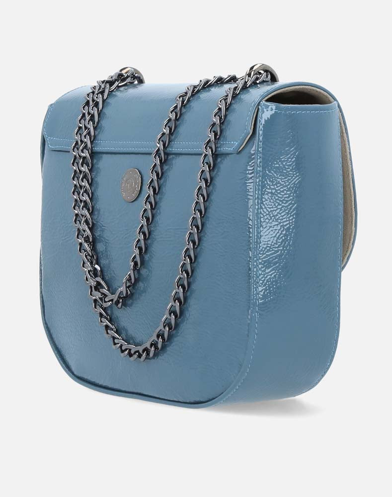 Bolso satchel en charol azul con cadena ajustable para mujer