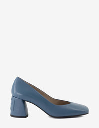 Zapatilla en piel napa azul con letras Pd en el tacón para mujer