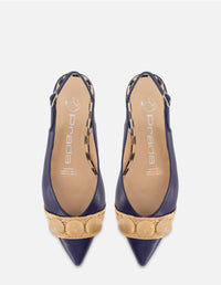 Flat destalonado en charol color azul y rafia para mujer