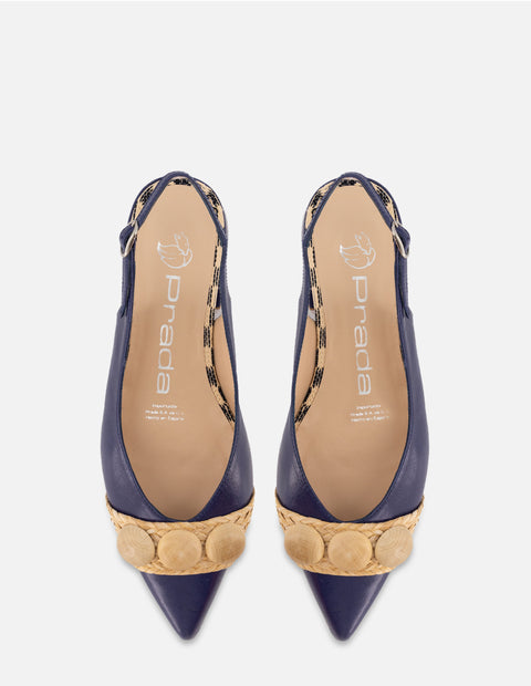 Flat destalonado en charol color azul y rafia para mujer