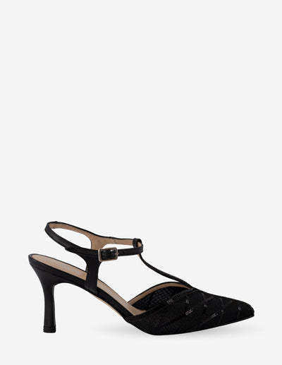 Zapatilla destalonada de rejilla con bordado de lentejuelas en color negro para mujer