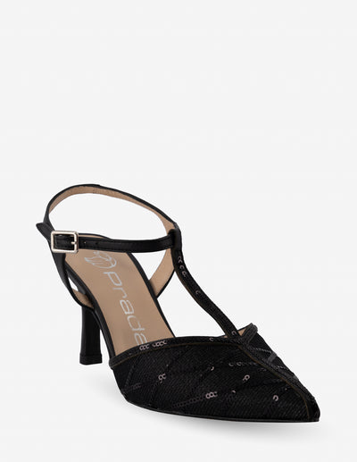 Zapatilla destalonada de rejilla con bordado de lentejuelas en color negro para mujer