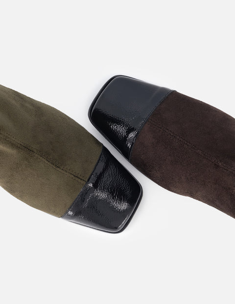 Botín para mujer de textil color verde y detalles de charol