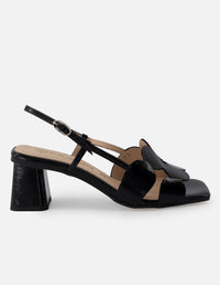 Sandalia de piel charol color negro para mujer con detalles en círculo