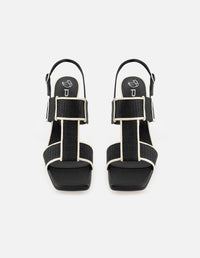 Sandalia de piel para mujer bicolor con detalles de rafia en contraste