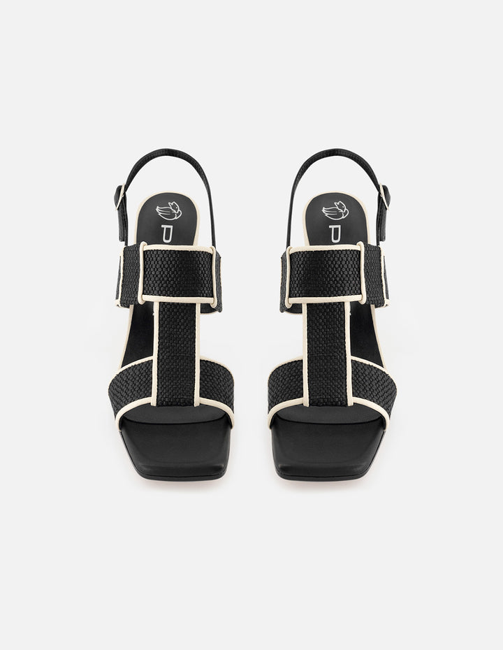 Sandalia de piel para mujer bicolor con detalles de rafia en contraste