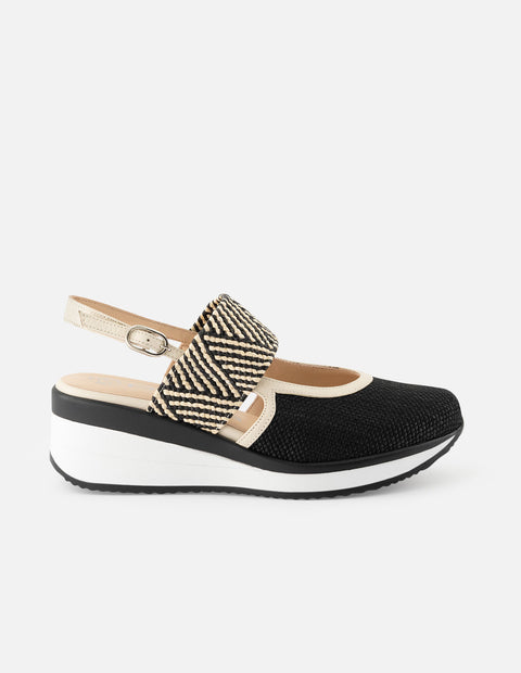 Mercedes de rafia para mujer color negro con detalles de piel