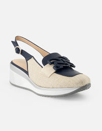 Mocasines de rafia color hueso para mujer con detalles de piel color azul