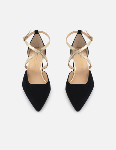Zapatilla negro ante para mujer con pulsera cruzada color dorado