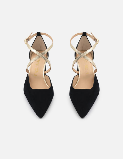 Zapatilla negro ante para mujer con pulsera cruzada color dorado