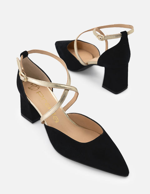Zapatilla negro ante para mujer con pulsera cruzada color dorado