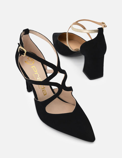 Zapatilla negro ante para mujer con pulsera cruzada color dorado