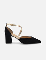 Zapatilla negro ante para mujer con pulsera cruzada color dorado