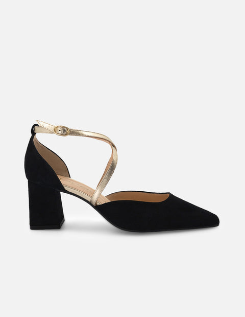 Zapatilla negro ante para mujer con pulsera cruzada color dorado