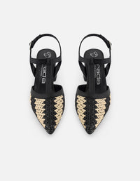 Zapatilla negra en rafia para mujer con tejido bicolor