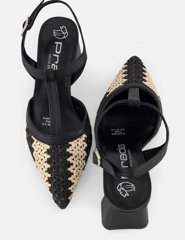 Zapatilla negra en rafia para mujer con tejido bicolor