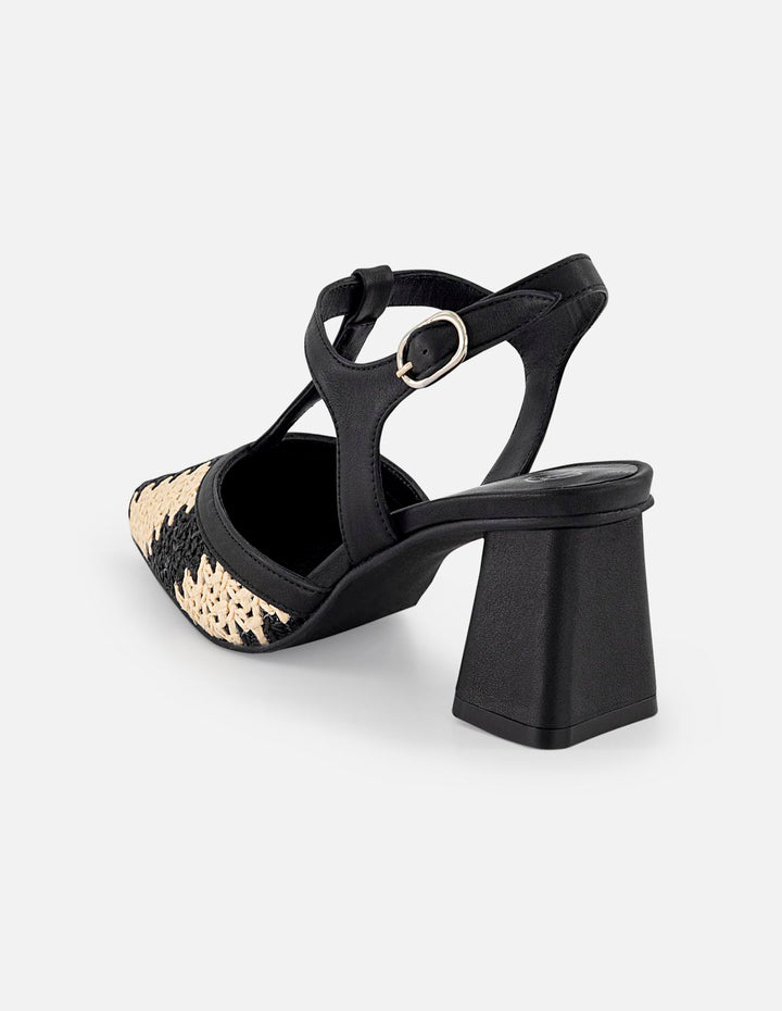 Zapatilla negra en rafia para mujer con tejido bicolor