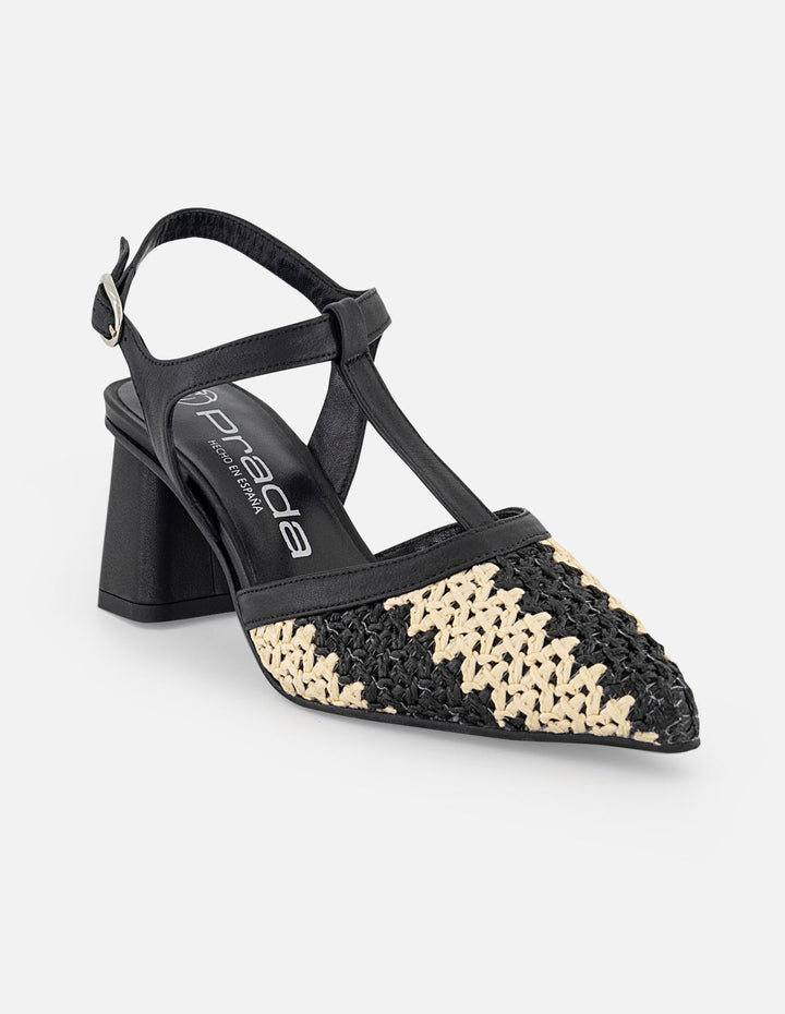 Zapatilla negra en rafia para mujer con tejido bicolor