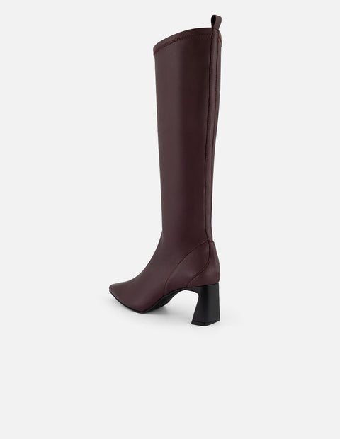 Bota vino lycra piel de mujer con tacón negro cuadrado
