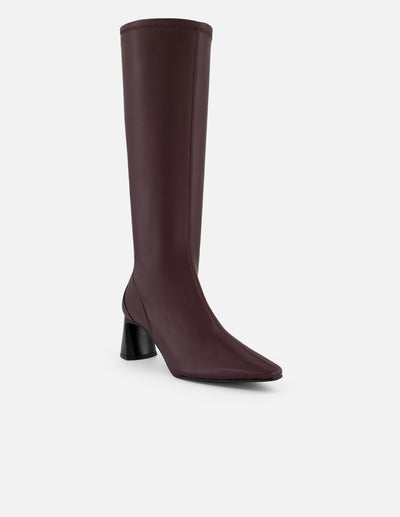 Bota vino lycra piel de mujer con tacón negro cuadrado
