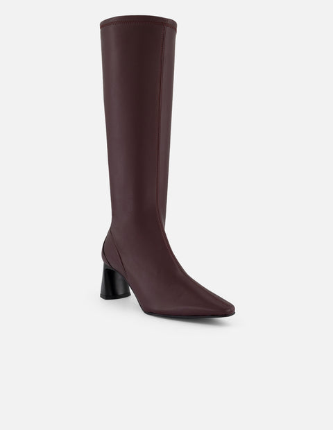 Bota vino lycra piel de mujer con tacón negro cuadrado