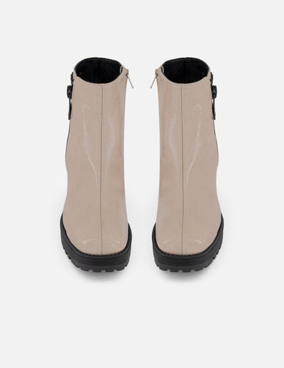Botines beige charol de mujer con charm Pd y plataforma
