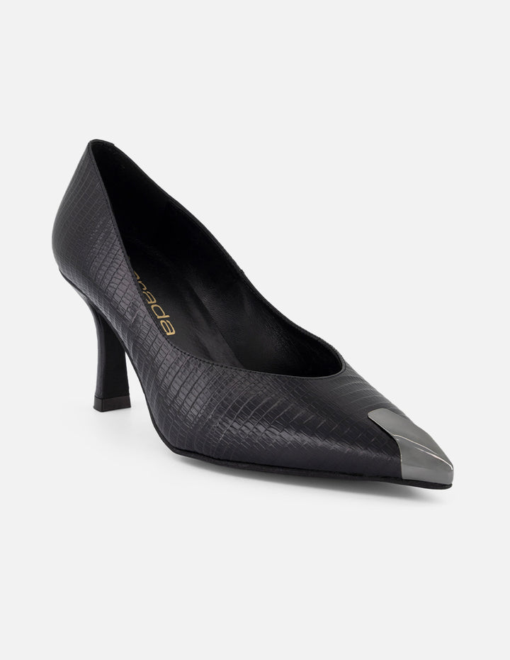 Zapatilla negra piel grabado tejus para mujer