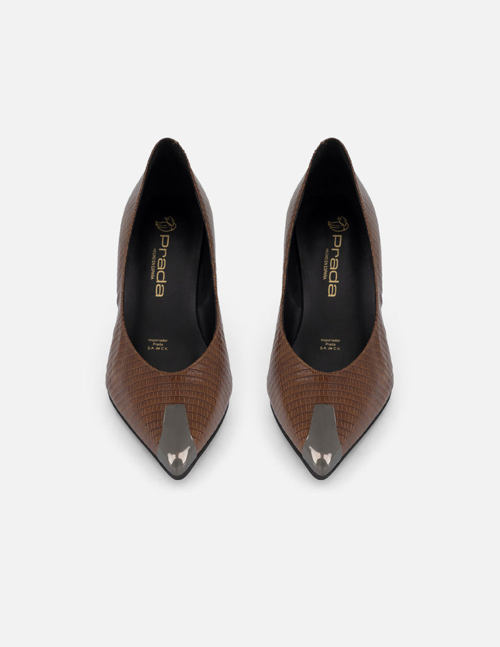 Zapatilla color cafe piel grabado tejus para mujer