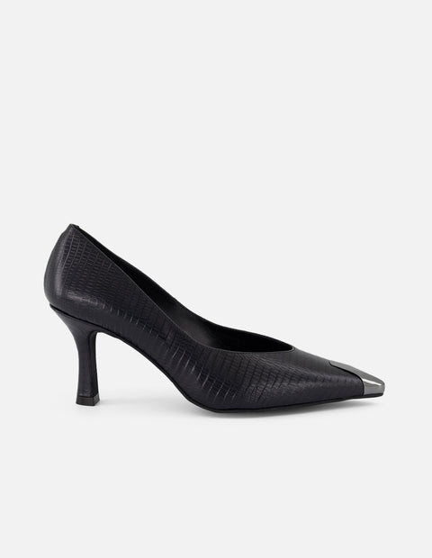 Zapatilla negra piel grabado tejus para mujer