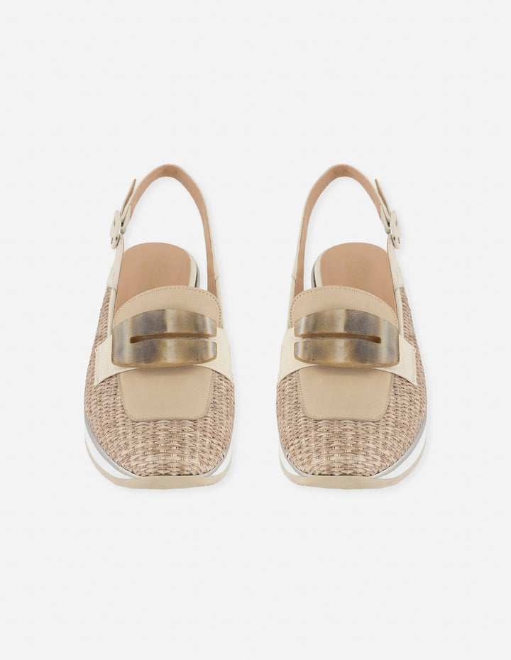 Mocasín beige rafia para mujer con detalle marmoleado