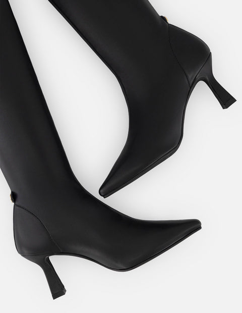 Bota negra lycra piel para mujer con tacón geométrico