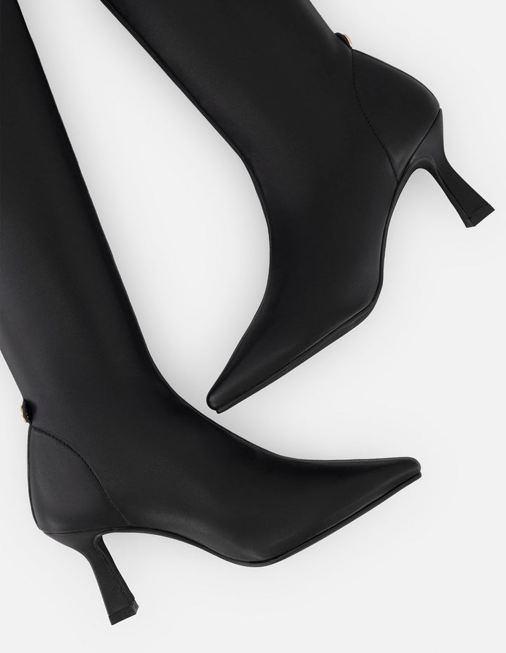 Bota negra lycra piel para mujer con tacón geométrico