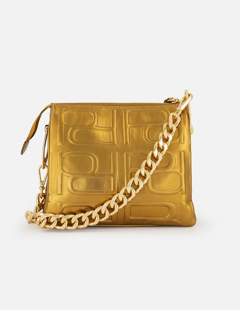 Bandolera oro piel para mujer con maxi letras Pd grabadas