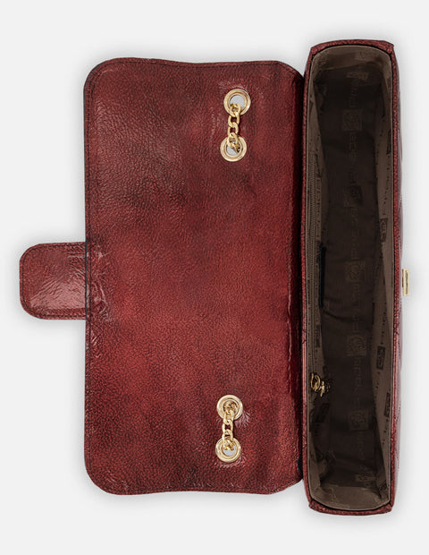 Satchel rojo charol para mujer con acabado capitonado