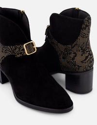 Botines negro ante para mujer con combinación de materiales