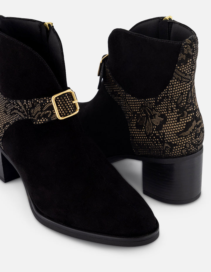Botines negro ante para mujer con combinación de materiales