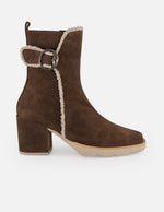Botines beige ante borrego para mujer con hebilla redonda