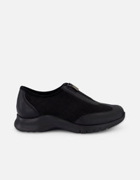 Tenis negro antelina para mujer con combinación de materiales