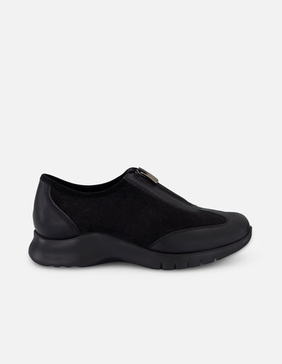 Tenis negro antelina para mujer con combinación de materiales