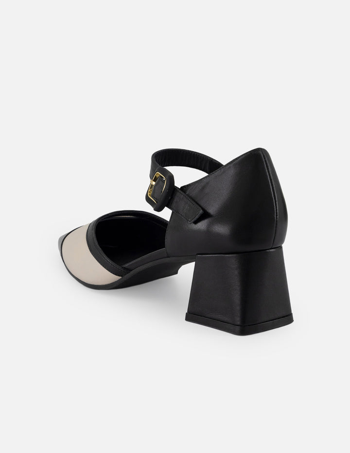 Zapatilla negra piel para mujer con diseño bicolor