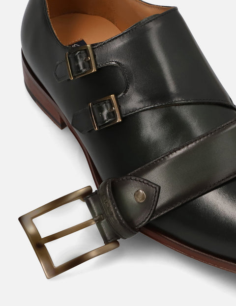 Monk en piel doble hebilla color verde