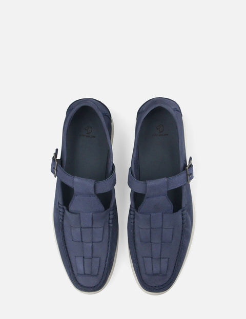 Mocasín con correa en piel nobuck color azul
