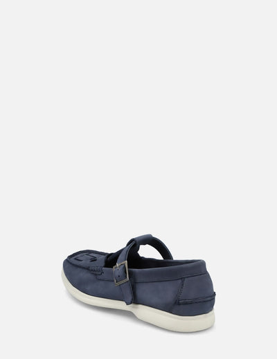Mocasín con correa en piel nobuck color azul