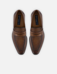 Mocasín en piel napa trenzada color cuero para hombre